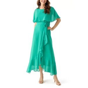 Maison Tara NWT Capelet Midi Dress Chiffon Ruffle Tea Party Hi Low Lawn Green 4